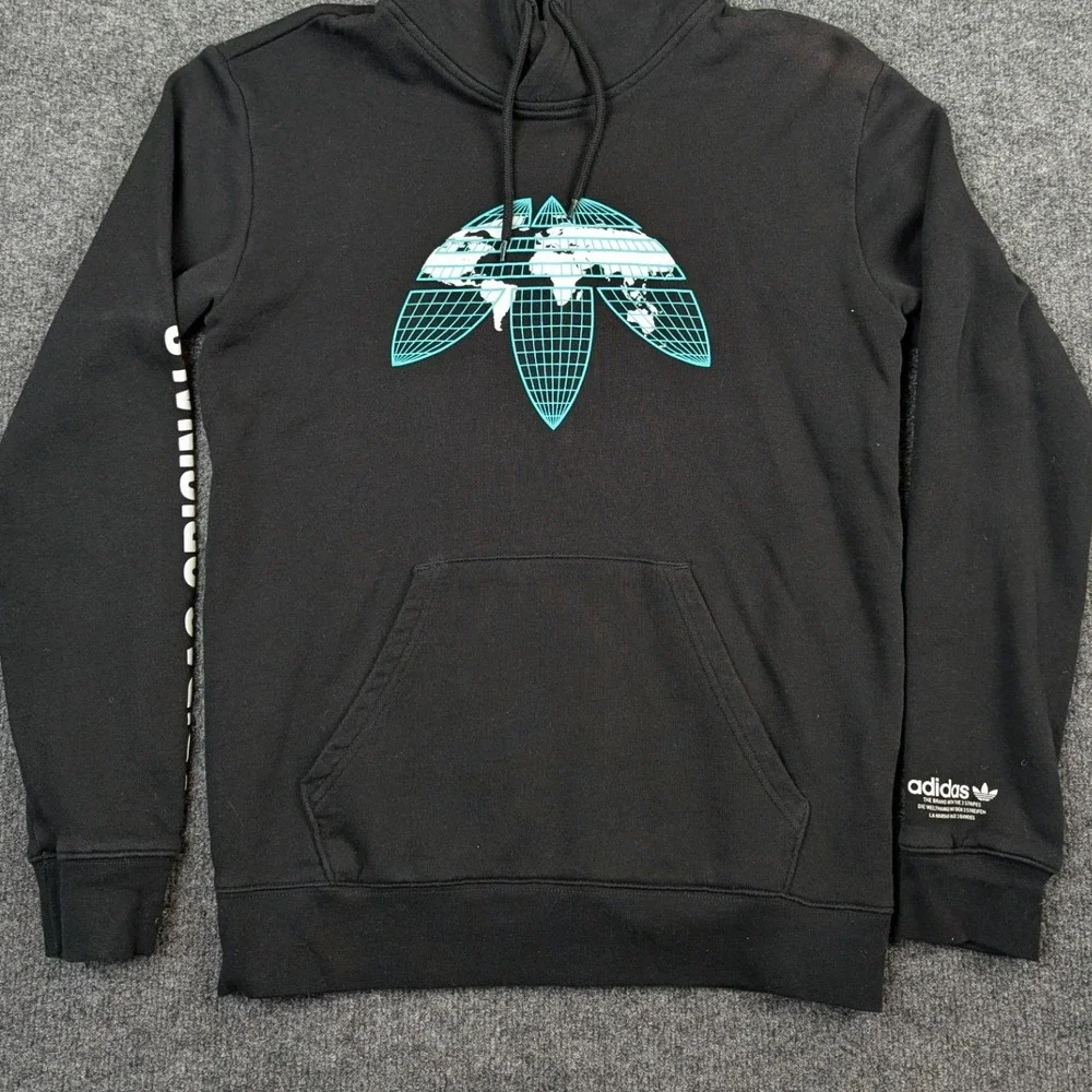 Adidas Originals Mens Small Black Globe Trefoil Graphic Sleeve Logo Hoodie